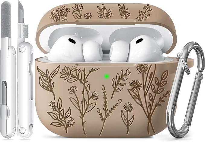 Ekoonpft for Airpods Pro 3 Case, Flower Engraved Cases for Apple AirPods Pro 3rd Generation 2025, Soft Silicone Cover for Men Women Girly with Cleaning Kit & Keychain, Anti-Scratch, Shockproof
