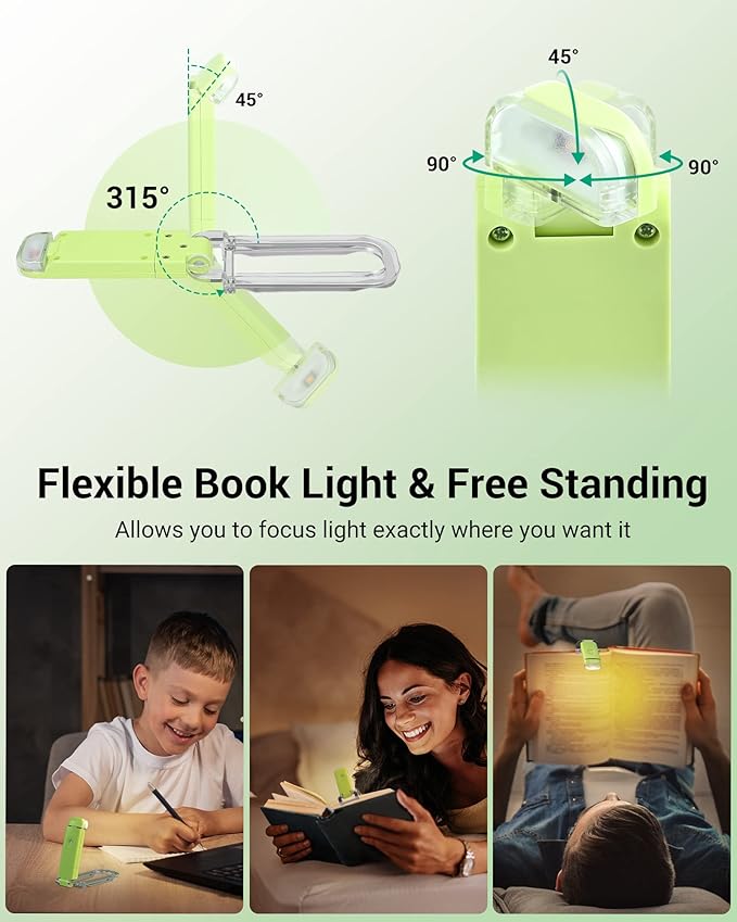 DEWENWILS Book Reading Light, USB Rechargeable Booklight for Reading at Night, LED Clip On Book Lights for Kids, Bookworms, Blue Light Blocking, Amber + Warm White (Green)