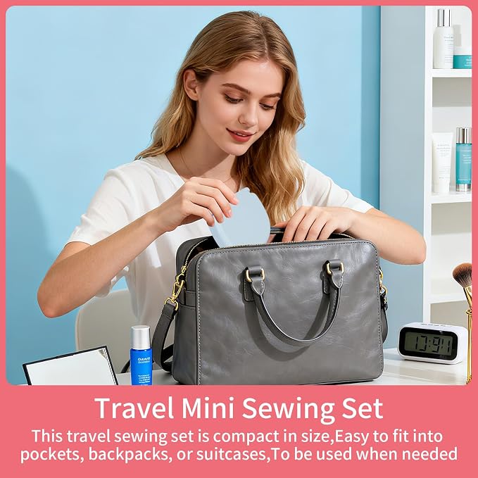2 Pcs Mini Travel Sewing Kit,Handheld Sewing Machine Professional Portable Needle and Thread Kit Purse Mini Essentials Materials with Scissors,Threads,Needles(Soft Pink,Soft Blue)