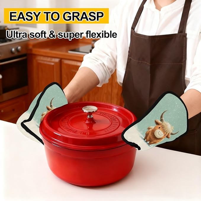 Cute Snow Calf Pot Holders with Pockets 2 PCS, Heat Resistant Oven Mitts Hot Pads for Kitchen Baking Cooking, Square Thick Pot Holders Kitchen Hot Potholders, 8.5x10 Inches