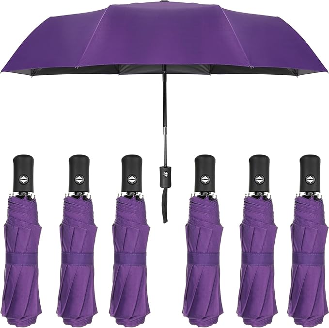 Jexine 6 Pcs Windproof Travel Umbrella for Rain Compact Small Automatic Lightweight Portable Umbrella for Men Women Backpack