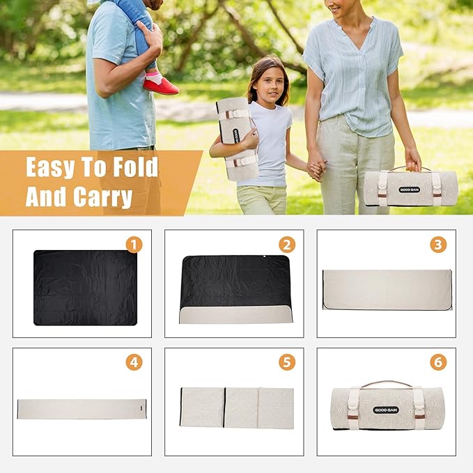 G GOOD GAIN Picnic Blanket Waterproof, Linen Feel Outdoor Blanket Extra Large - Foldable Beach Mat with Carry Strap for Camping, Park, Travel (White Flower)