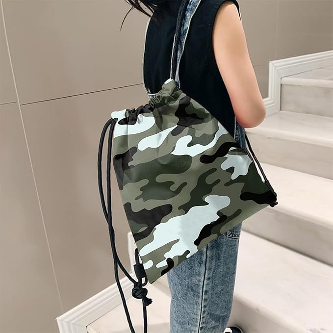 Drawstring Backpack for String Bag Waterproof Cute Sports Beach Swimming Travel (13"×17")-Green Camouflage