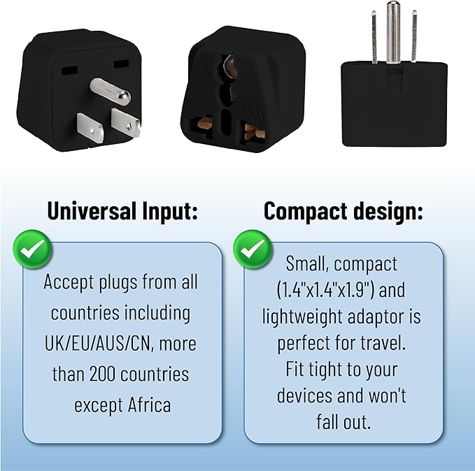 Bates- Universal Adapter, 6 Pack, Black Travel Adapter, UK to US Plug Adapter, Universal Plug Adapter Plug, Universal Travel Adapter, European to American Plug Adapter, Europe to US Plug Adapter
