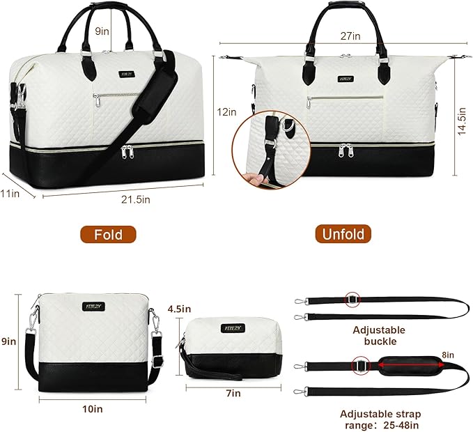 ITIEZY Weekender Overnight Bag for Women - Large Travel Duffel Bag with Shoe Compartment, Gym Duffel Bag Hospital Bag Carry On Tote Bags for Airplanes with Crossbody Bag Toiletry Bag 3Pcs Set
