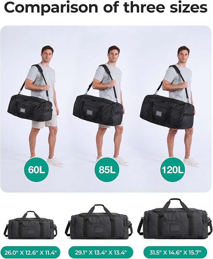 BAGSAMRT 85L Foldable Duffle Bag for Travel, Large Travel Duffel Bag for Men, 4 in 1 Travel Backpack, Carry on Weekender Bag, Black
