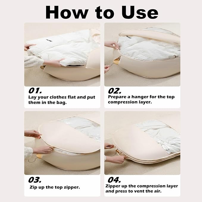 Space Saving Hanging Garment Bag with Self Compression Zipper, New Update Space Saver Clothes Storage Organizer, Dust Cover Clothes Bags for Down Coat (Beige, L)