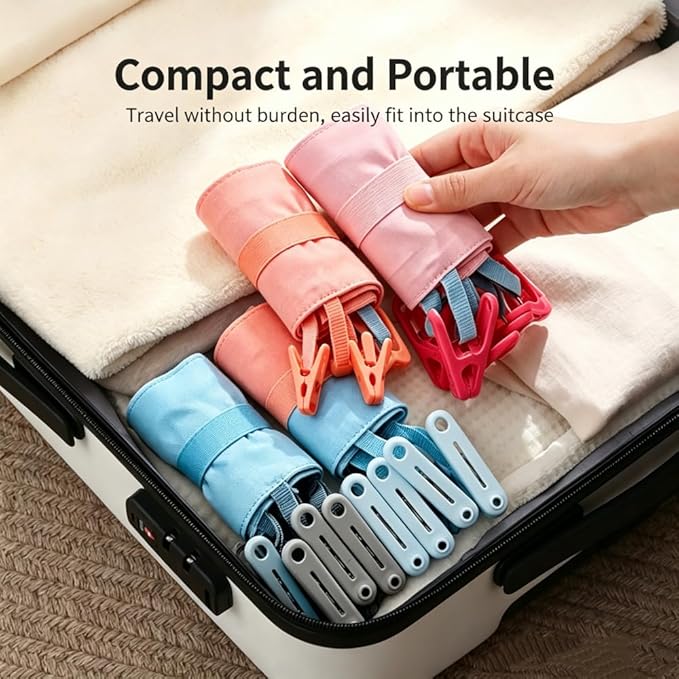 Portable Hanger Clips & Travel Clothesline, Foldable Towel Drying Rack with 6 Clips, Swimsuit Sock Drying Rack Hanger, Travel Hangers for Cruise Hotel Dorm (Set B 3pack)