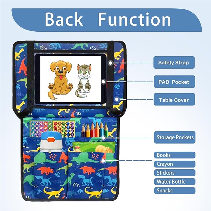 Adjustable Kids Tray Table Cover with Multi Portable Pockets, Airplane Travel Essentials for Kids, Toddlers, Adults, Airplane Must Haves, Plane Travel Essential, Travel Tray for Plane Train, Dinosaur