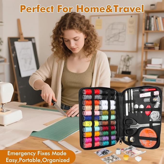 198pcs Sewing Kit for Adults Portable Travel Sewing Set,Dorm Room Essentials for Girls, Including Emergency Repair Tools Such as Needle and Thread, Scissors, Marker pens Needle and Thread kit (Black)