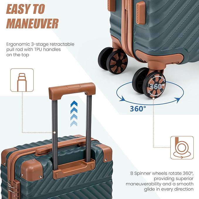 Cosbarn Carry On Luggage 22x14x9 Airline Approved, Hardside 20 Inch Carry on Suitcases with Wheels, Hard Shell ABS Lightweight Carry on Luggage Set, Travel Suitcase Set with TSA Lock, DarkGreen