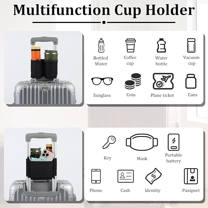 Oruola Luggage Cup Holder,Oxford Cloth Cup Holder for Luggage, Portable and Adjustable Luggages Drink Holders, Suitable for Luggages Handle, Travel Accessories,Black