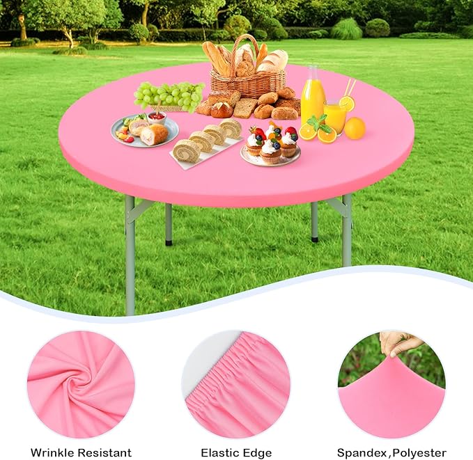 Wolkemer 2 Pack 5 Foot Pink Fitted Tablecloth 60 Inch Round Elastic Edges Table Cloth, Spandex Stretch Table Cover with Machine Washable Fabric for Wedding Party Picnic Dining Indoor Outdoor