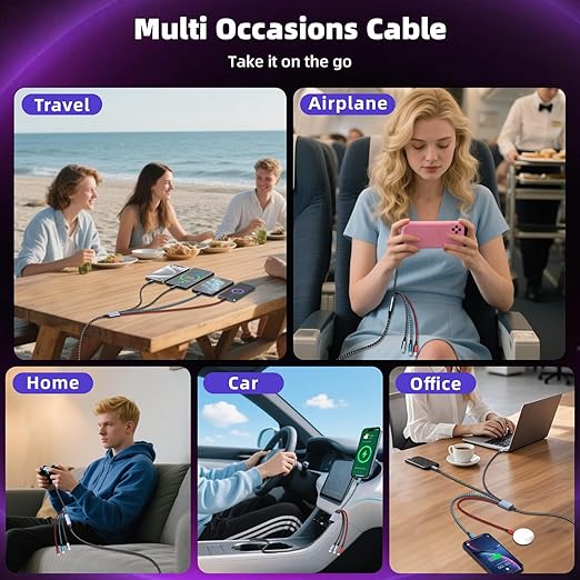Dual Type-C USB Multi Charging Cable with 2 USB-C/IP/Micro Port, 4 in 1 Chargers for Multiple Devices, Travel Essentials USB Cable Phone Charger Cord for iPhone 17 16 15 14/Android/Tablet/iPad(5FT)