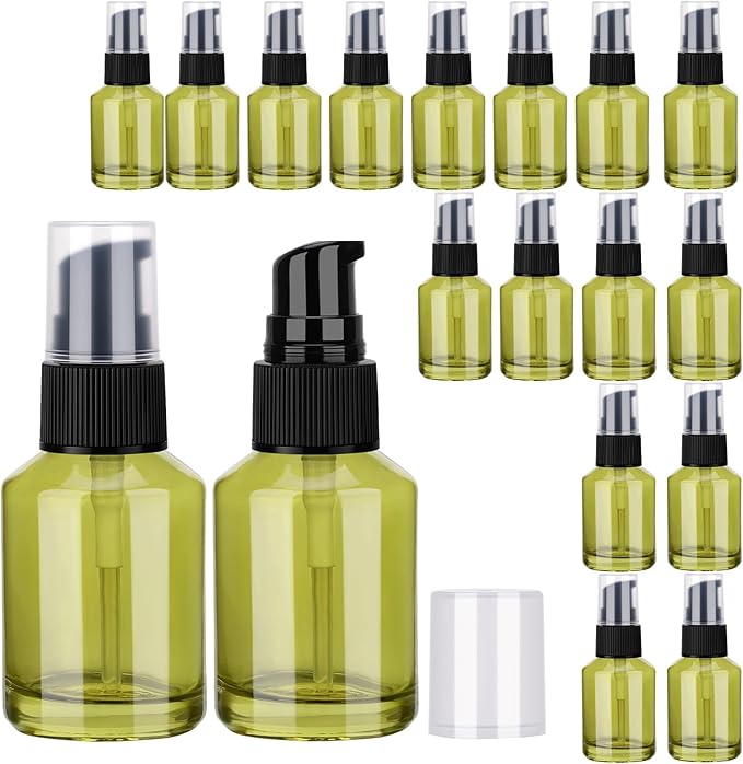 Segbeauty 18pcs 1oz Glass Empty Travel Size Bottles for Creams, Refillable Lotion Pump Bottle Dispenser, 30ml Liquid Travel Containers, Green Mini Lotion Container Foundation Cosmetics Pump Dispensers