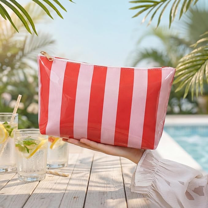 Large PVC Waterproof Striped Makeup Bag,Clear Coated Cosmetic Bags,Easy to Clean,Travel Organizer Zipper Pouch Beach Vacation Essentials for Women Girls(08Orange Pink)