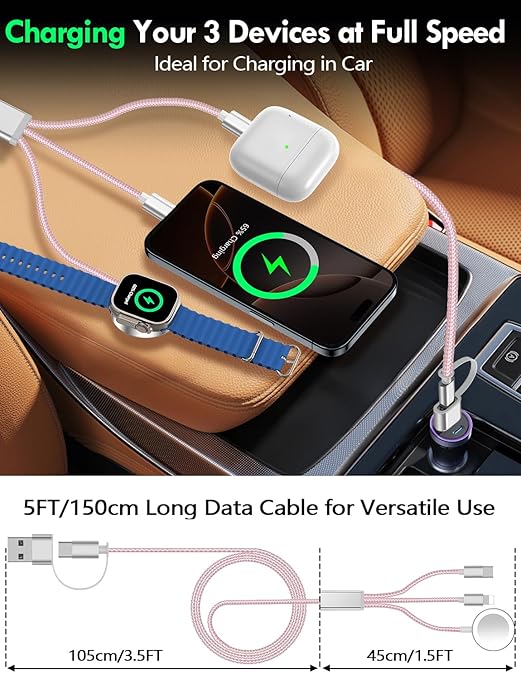 Travel Essentials for Apple Watch Charger,iPhone Charger,3 in 2 Type C/Lightning/Magnetic Travel Charging Cable,Portable Multi Charging Cable for Apple Watch, iPhone 17‑11,Samsung S26,Car,iPad-5FT