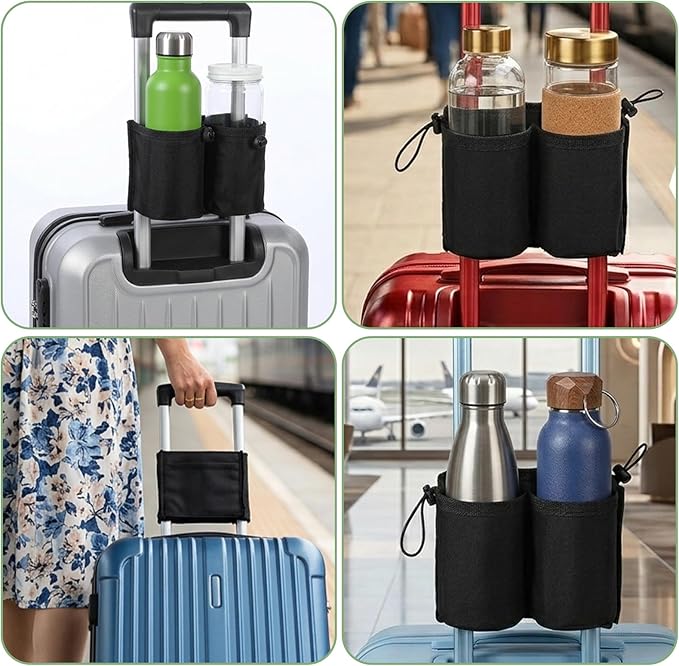 Luggage Travel Cup Holder Luggage Cup Holder for Suitcases Adjustable Free Hand Drink Carrier Hold Two Coffee Mugs Fits Roll on Suitcase Handles Gifts for Flight Attendants Travel Accessories, Black