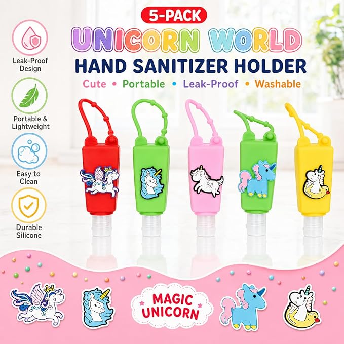 5-Pack Cartoon Kids Hand Sanitizer Holder, 30ml Travel Size Refillable Bottles with Silicone Case, Leak-Proof Portable Containers for Lotion & Liquid Soap (Magic Unicorn)
