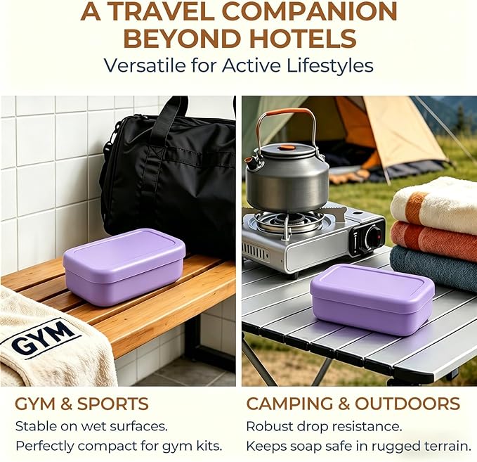 AIMAIAIMAI Silicone Shampoo Bar Travel Case with Drain Pad – Leak Proof Bar Soap Travel Case for 2 Bars, Shampoo & Conditioner Bar Holder for Camping, Gym | 1 Pack, Light Purple