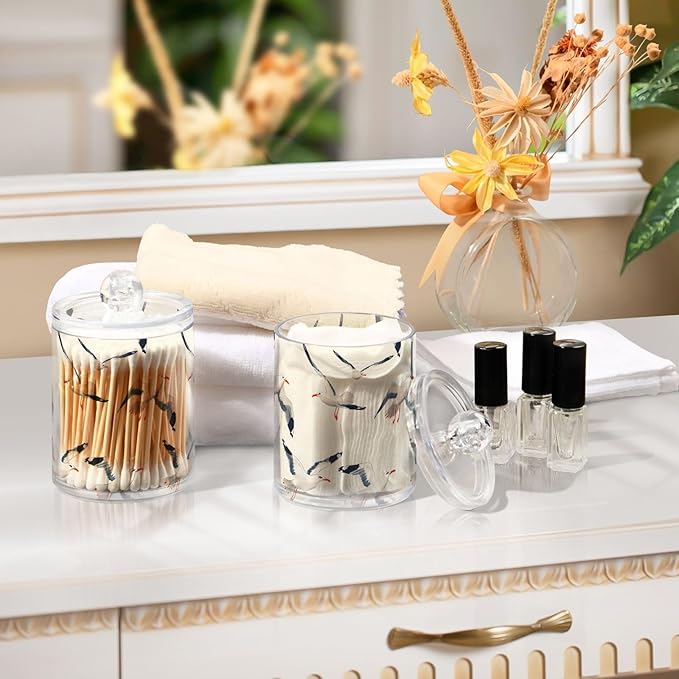 2 Pack Qtip Holder Organizer Dispenser Seagull Pattern Bathroom Storage Canister Cotton Ball Holder Container for Cotton Pads/Swabs/Floss