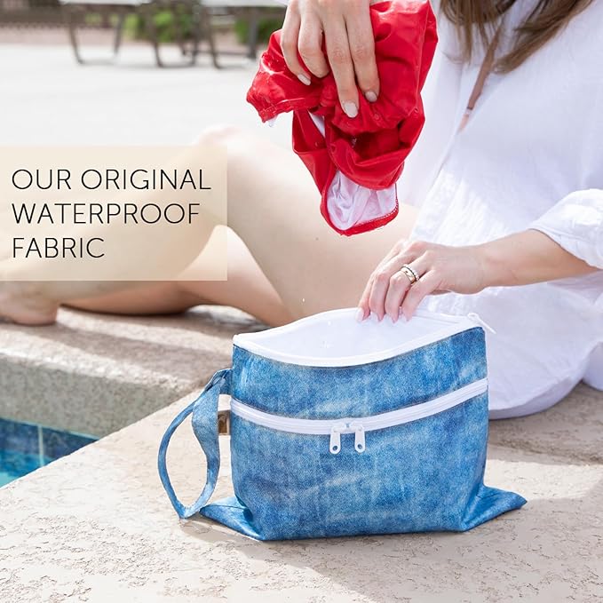 Bumkins Roamio Waterproof Wet Dry Clutch Bag for Baby, Travel, Swim Suit, Cloth Diapers, Pump Parts, Pool, Gym Clothes, Beach, Toiletry, Hook to Stroller, Pack for Daycare, Zip Pack Pouch, Faux Denim