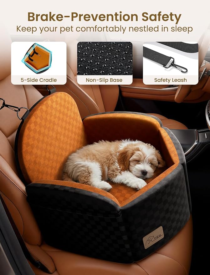 Dog Car Seat for Small/Medium Dogs, Elevated Dog Booster Seat with Memory Foam Cushion for Dogs Under 35lbs, Detachable Washable Pet Car Seats with Storage Pockets & 2 Safety Belts (Brown)