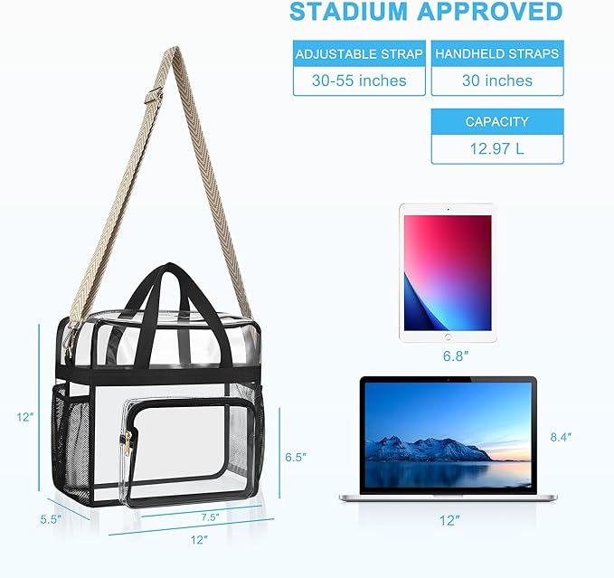Bagenius Clear Tote Bag Stadium Approved, Game Day Satchel Bag with ‌Non-detachable Reinforced Strap for Concert, Work, Sport