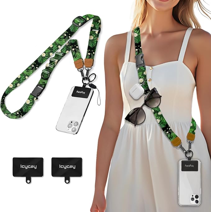Icycay Phone Lanyard Crossbody, Black Cat Leaf Cell Phone Strap for Around The Neck Adjustable, Anti Theft Cute Lanyard for ID Holder Keys Accessories Travel Essential