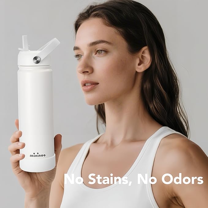 Mininoo Insulated Stainless Steel Water Bottle with Straw, Ceramic-Lined, BPA-Free & Leak-Proof, 24 oz, White