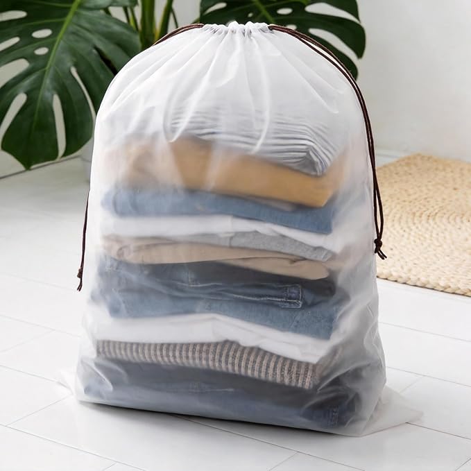 HAKZEON 100 PCS 14x18 Inch Clear Plastic Drawstring Bags, Portable Translucent Shoes Storage Organizers Pouch with Rope, Thickness 2 Mil Travel Bags for Sneakers, Dress Shoes, Slippers, Sandals