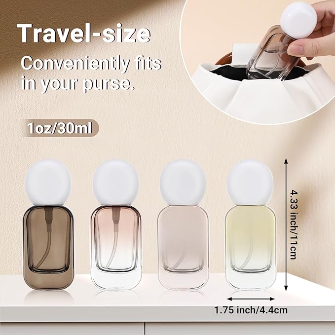 Segbeauty 1oz Fine Mist Glass Spray Bottle Dispenser with Pump, 4pcs Refillable Empty Travel Size Perfume Bottle with Round Cap, 30ml Mini Travel Liquids Cologne Container for Toiletries, Mixed Color