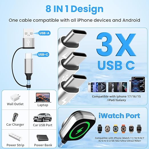 4in2 Multi Charging Cable for iWatch Charger/iPhone Charger/CarPlay Cable, Travel Vacation Essentials, (2Pack 5FT) 3 X USB C/iWatch Charger Cords for iWatch 11-1/iPhone 17-15, Android Car, Blue