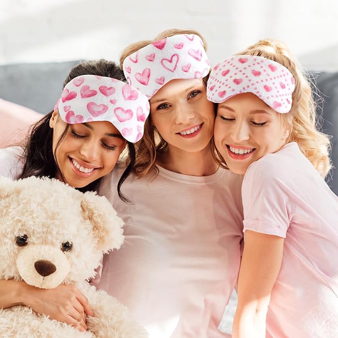 Cuffbow 6 Pack Plush Sleep Mask Set, Cute Plush Eye Masks for Sleeping, Soft Comfortable Travel Nap Blindfold, Sleepover Party Favors for Women(Heart,Pink)
