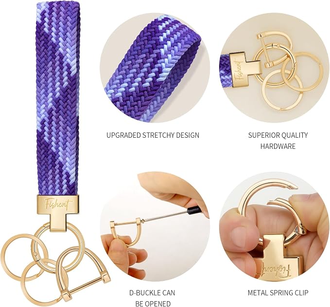 Fishent Stretchy Wristlet Keychain, Cute Key Chain, Woven Wrist Lanyard for Car Keys with 3 Keyrings and D-ring for Women Men
