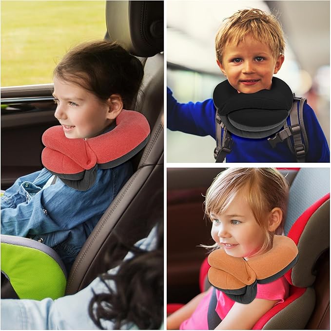 BUYUE Kids Travel Pillows for Airplane, Memory Foam 360° Head Support Sleeping Essentials for Long Flight, Skin-Friendly Soft Neck Pillow for Traveling in Car Seat, (Small, Beige Grey, 40-90 lbs)