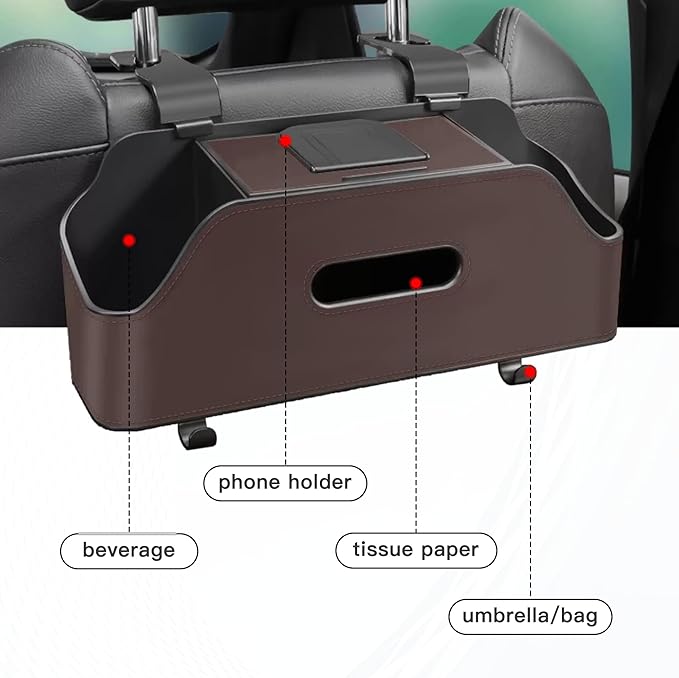 Car Headrest Backseat Organizer, Multi-Functional Vehicle Headrest Hanging Storage Box with Hook Cup Phone Holder Tissue Box, Universal Automotive Interior Seat Back Organizer (Brown)