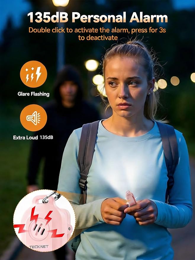 TECKNET Personal Safety Alarm 135dB with SOS Strobe Light for Women - Rechargeable& IPX4 Waterproof Running Lights with Clip On Torch & Low Battery Notice, Safety Siren for Running Travel Kids, Pink