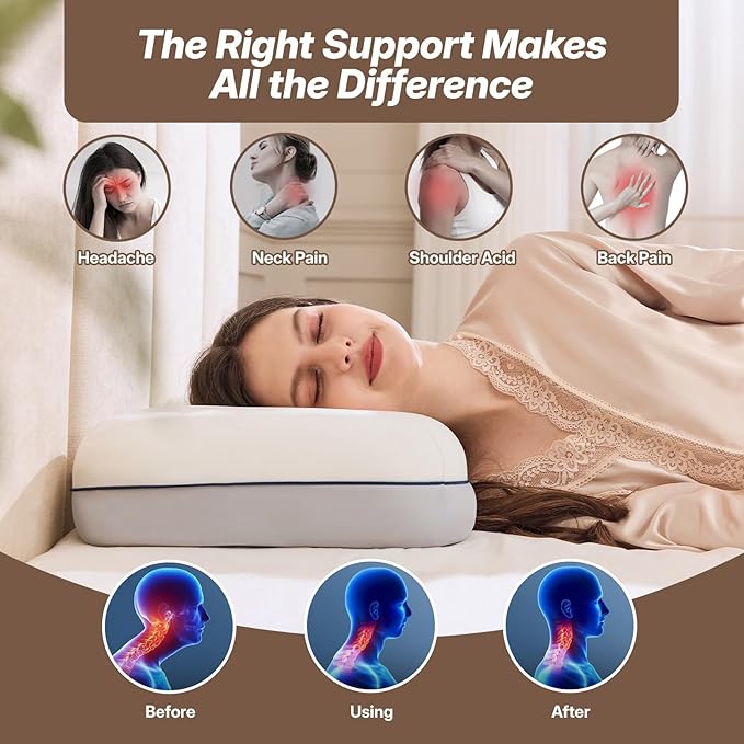 Cervical Neck Pillow for Neck Support, Adjustable Memory Foam Pillow with Customizable Height and Firmness for Side, Back, Stomach and CombSination Sleepers, White 1 pcs