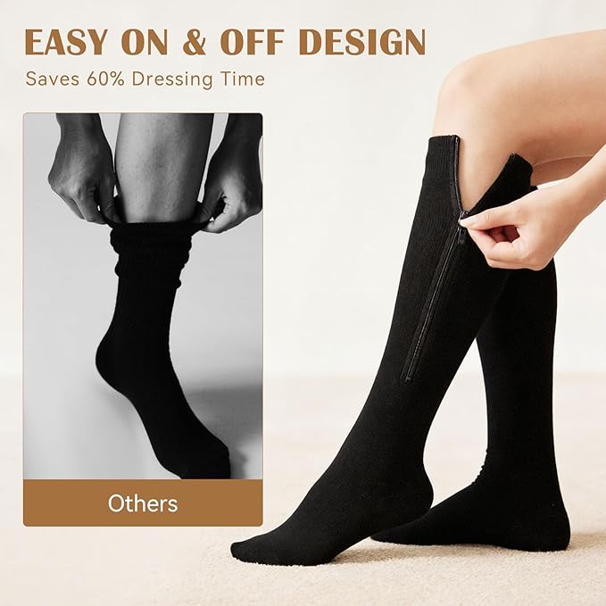 3 Pairs 15-19mmHg Zipper Compression Socks for Women and Man,Black Compression Socks with Zipper for Sports, Travel, Pregnant and office Workers