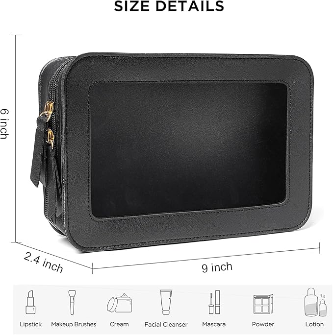 LETGO Clear Beach Makeup Bags, TSA Approved Toiletry Bag with Zipper, Clear Makeup Organizer Fit Carry-on Travel Car Accessories Essentials,Portable Travel Small Pouch for Women Men (Black)