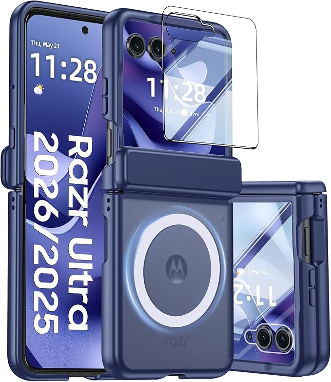 Magnetic for Motorola Razr Ultra 2026/2025 Case,Hinge Protection, Screen Protector, Compatible with MagSafe, Translucent Frosted, Shockproof Slim Cover for Razr Ultra 2026/2025-Blue