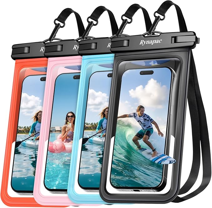 Rynapac Waterproof Phone Pouch [Up to 8.5"] - 4 Pack, IPX8 Waterproof Phone Case with Lanyard for iPhone 17 16 15 Pro Max, Touchscreen & Photograph, Cellphone Dry Bag for Beach Cruise Essentials 2026