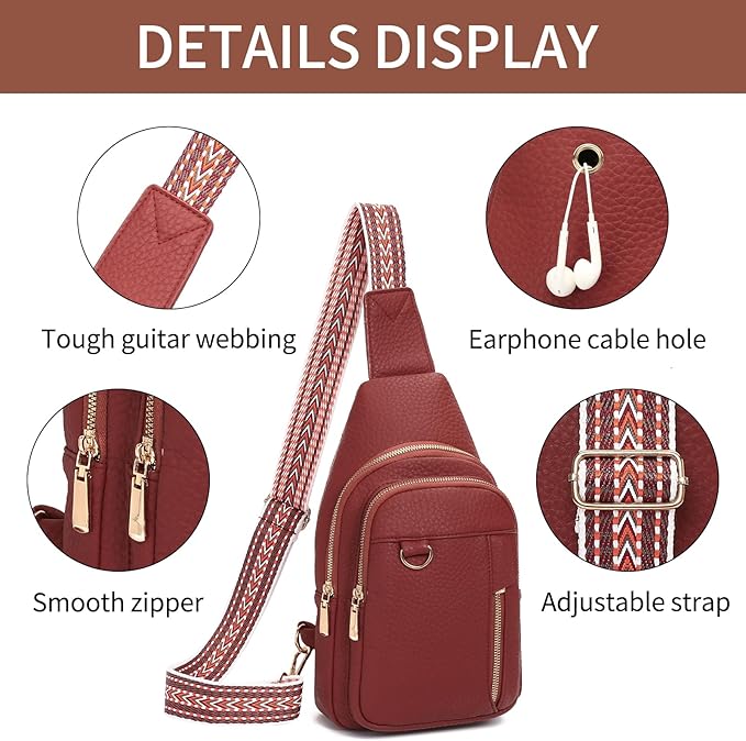 GAEKEAO Sling Bag for Women Vegan Leather Crossbody Bags Travel Fanny Pack Chest Bag Purse with Adjustable Wide Guitar Strap