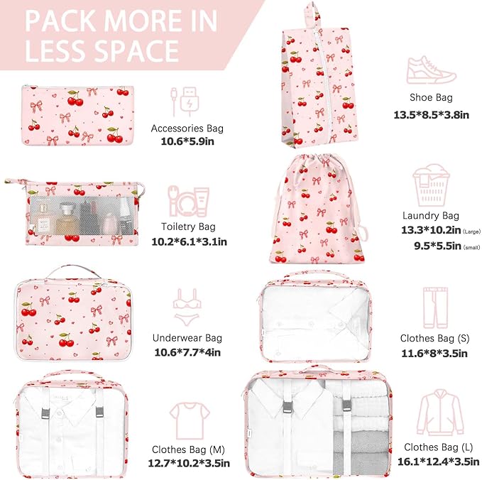 KPX 8 Set Packing Cubes for Travel, Luggage Packing Organizers Accessories Large Toiletries Bag for Clothes Shoes Cosmetics (8Set-Cherry & Bow)