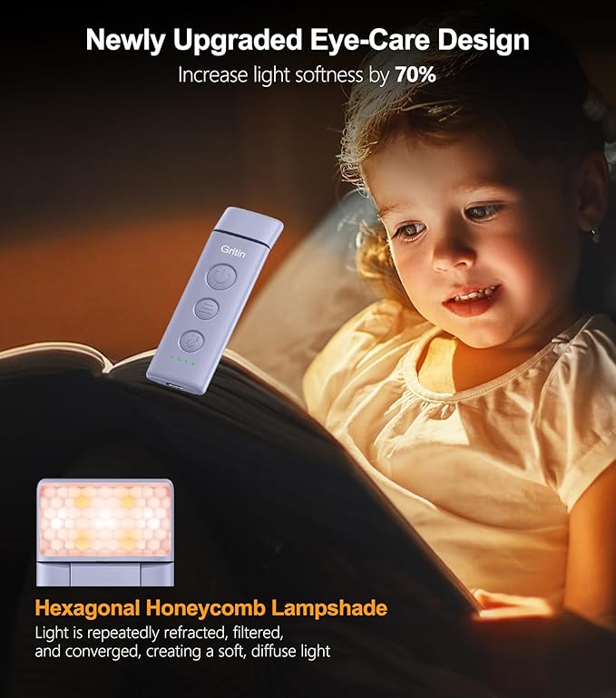 Gritin Book Light Rechargeable, Eye Caring 3-Color & 5-Brightness Clip on LED Reading Light for Books in Bed- Stepless Dimming, Long Lasting, Compact Size Flexible Book Lamp for Bookworms-Purple