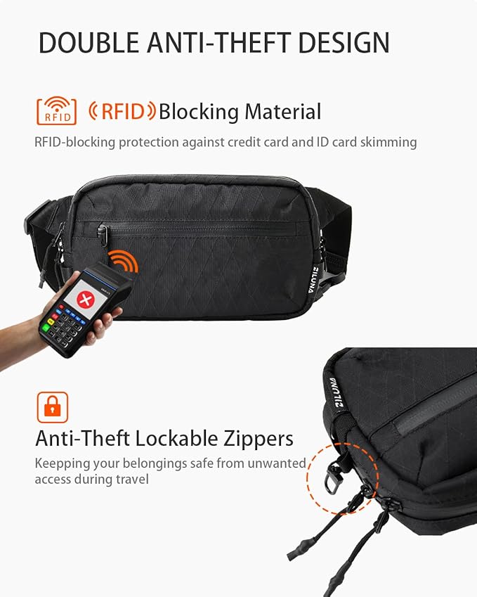 2L Sling Bag for Men & Women - Anti-Theft RFID Blocking Fanny Pack with Lockable Zippers, Water Resistant Lightweight Crossbody Bag for Travel Hiking Running Gym Walking Daily Use(X-Black)