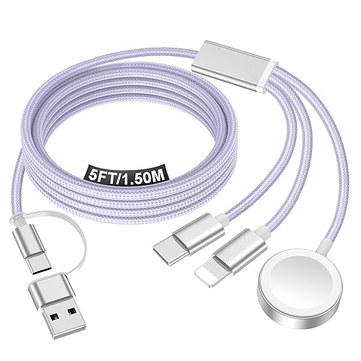 Travel Essentials for Apple Watch Charger,iPhone Charger,3 in 2 Type C/Lightning/Magnetic Travel Charging Cable,Portable Multi Charging Cable for Apple Watch, iPhone 17‑11,Samsung S26,Car,iPad-5FT