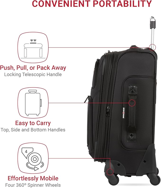 SWISSGEAR Sion Softside Expandable Spinner Luggage Durable Lightweight Travel Suitcase, Black, Checked-Medium