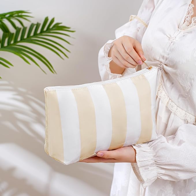 Large PVC Waterproof Striped Makeup Bag,Clear Coated Cosmetic Bags,Easy to Clean,Travel Organizer Zipper Pouch Beach Vacation Essentials for Women Girls(02Beige)